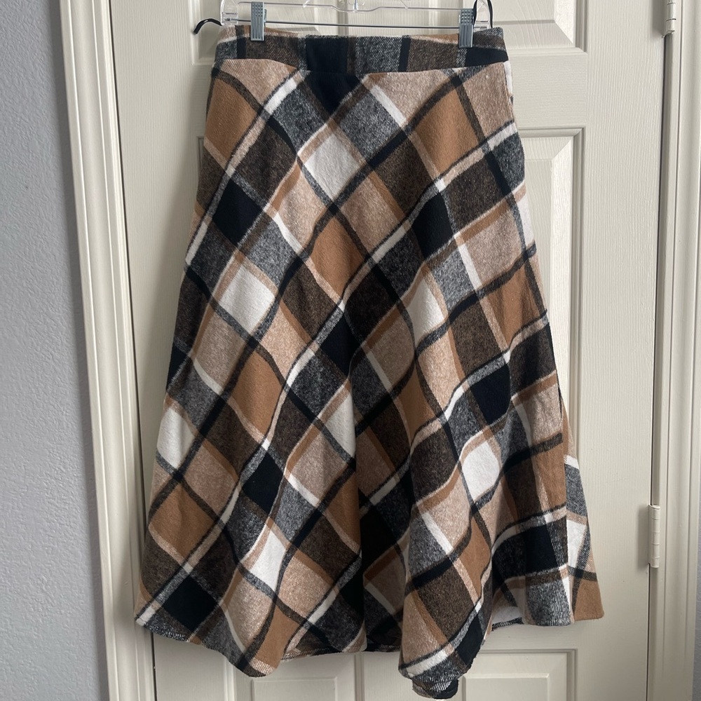 Plaid Wool A-Line Skirt in Black, White, and Tan